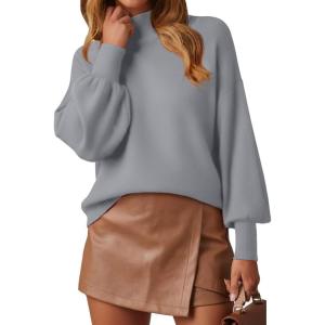 image:imageWEACZZY Womens 2026 Fall Fashion Casual Sweaters Mock Neck Long Lantern Sleeve Lightweight Knit Pullover Sweater TopsSilver Gray
