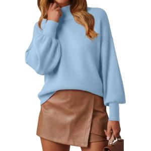 image:imageWEACZZY Womens 2026 Fall Fashion Casual Sweaters Mock Neck Long Lantern Sleeve Lightweight Knit Pullover Sweater TopsSky Blue