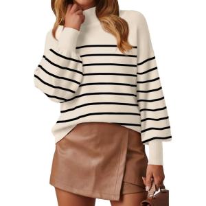 image:imageWEACZZY Womens 2026 Fall Fashion Casual Sweaters Mock Neck Long Lantern Sleeve Lightweight Knit Pullover Sweater TopsStriped Apricot