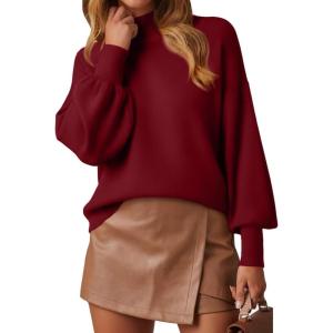 image:imageWEACZZY Womens 2026 Fall Fashion Casual Sweaters Mock Neck Long Lantern Sleeve Lightweight Knit Pullover Sweater TopsWine Red