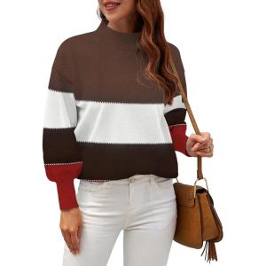 image:imageWEACZZY Womens 2026 Fall Fashion Casual Sweaters Mock Neck Long Lantern Sleeve Lightweight Knit Pullover Sweater TopsYh Khaki