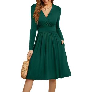 image:imageWEACZZY Womens 2026 Fall Long Sleeve Casual Dresses Wrap VNeck Semi Formal Party Dress with Pockets01 Long Sleeve Dark Green