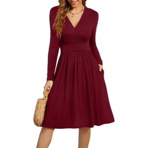 image:imageWEACZZY Womens 2026 Fall Long Sleeve Casual Dresses Wrap VNeck Semi Formal Party Dress with Pockets01 Long Sleeve Wine Red