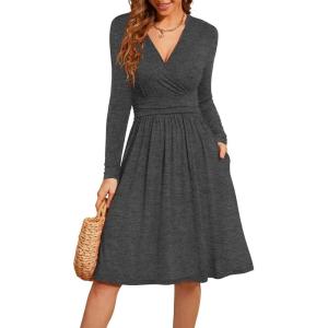 image:imageWEACZZY Womens 2026 Fall Long Sleeve Casual Dresses Wrap VNeck Semi Formal Party Dress with PocketsDark Grey