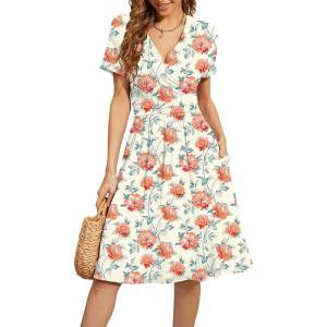 image:imageWEACZZY Womens 2026 Fall Long Sleeve Casual Dresses Wrap VNeck Semi Formal Party Dress with PocketsPeony Beige