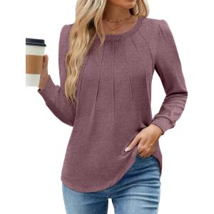 image:imageWEACZZY Women Long Sleeve Shirts Crew Neck Tunic Tops Soft Casual Blouses Creased Design Curved Side Hem Fashion Outfits 202604 Mauve