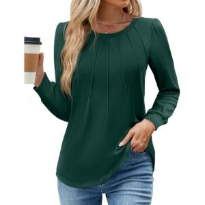 image:imageWEACZZY Women Long Sleeve Shirts Crew Neck Tunic Tops Soft Casual Blouses Creased Design Curved Side Hem Fashion Outfits 202605 Dark Green