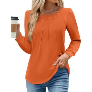 image:imageWEACZZY Women Long Sleeve Shirts Crew Neck Tunic Tops Soft Casual Blouses Creased Design Curved Side Hem Fashion Outfits 202605 Orange