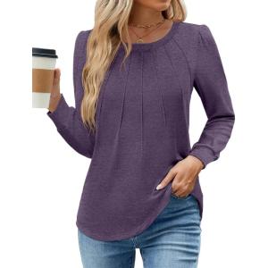 image:imageWEACZZY Women Long Sleeve Shirts Crew Neck Tunic Tops Soft Casual Blouses Creased Design Curved Side Hem Fashion Outfits 202605 Purple