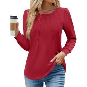 image:imageWEACZZY Women Long Sleeve Shirts Crew Neck Tunic Tops Soft Casual Blouses Creased Design Curved Side Hem Fashion Outfits 202605 Red