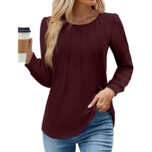 image:imageWEACZZY Women Long Sleeve Shirts Crew Neck Tunic Tops Soft Casual Blouses Creased Design Curved Side Hem Fashion Outfits 202605 Wine Red
