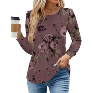 image:imageWEACZZY Women Long Sleeve Shirts Crew Neck Tunic Tops Soft Casual Blouses Creased Design Curved Side Hem Fashion Outfits 202606 Floral Red Bean