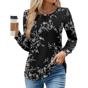 image:imageWEACZZY Women Long Sleeve Shirts Crew Neck Tunic Tops Soft Casual Blouses Creased Design Curved Side Hem Fashion Outfits 202606 Floral White Black