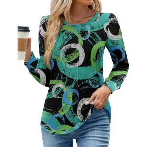 image:imageWEACZZY Women Long Sleeve Shirts Crew Neck Tunic Tops Soft Casual Blouses Creased Design Curved Side Hem Fashion Outfits 202606 Geometric Printed