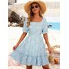 image:imageBerydress Womens Summer Smocked Sun Dress with Pockets 2026 Square Neck Short Sleeve Ruffle Boho Beach Vacation DressesBlue Floral
