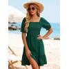 image:imageBerydress Womens Summer Smocked Sun Dress with Pockets 2026 Square Neck Short Sleeve Ruffle Boho Beach Vacation DressesDark Green