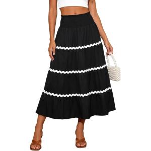 image:imageBerydress Smocked Boho Maxi Skirts for Women 2026 Elastic High Waisted Flowy A Line Ruffle Casual Summer Boho Long SkirtBlack