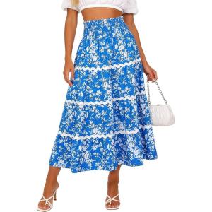 image:imageBerydress Smocked Boho Maxi Skirts for Women 2026 Elastic High Waisted Flowy A Line Ruffle Casual Summer Boho Long SkirtBlue Flower