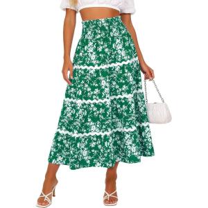 image:imageBerydress Smocked Boho Maxi Skirts for Women 2026 Elastic High Waisted Flowy A Line Ruffle Casual Summer Boho Long SkirtGreen Floral