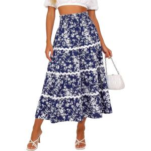 image:imageBerydress Smocked Boho Maxi Skirts for Women 2026 Elastic High Waisted Flowy A Line Ruffle Casual Summer Boho Long SkirtNavy Floral