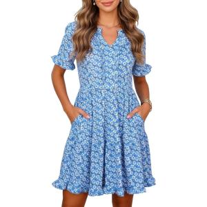 image:imageBerydress Womens Summer Dresses with Pockets 2026 Short Sleeve V Neck Casual Tiered Ruffle Babydoll Flowy Mini Sun DressBlue Daisy