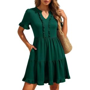 image:imageBerydress Womens Summer Dresses with Pockets 2026 Short Sleeve V Neck Casual Tiered Ruffle Babydoll Flowy Mini Sun DressDark Green