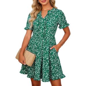image:imageBerydress Womens Summer Dresses with Pockets 2026 Short Sleeve V Neck Casual Tiered Ruffle Babydoll Flowy Mini Sun DressGreen Floral