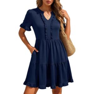 image:imageBerydress Womens Summer Dresses with Pockets 2026 Short Sleeve V Neck Casual Tiered Ruffle Babydoll Flowy Mini Sun DressNavy Blue