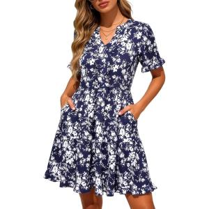 image:imageBerydress Womens Summer Dresses with Pockets 2026 Short Sleeve V Neck Casual Tiered Ruffle Babydoll Flowy Mini Sun DressNavy Floral