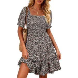 image:imageBerydress Womens Summer Smocked Sun Dress with Pockets 2026 Square Neck Short Sleeve Ruffle Boho Beach Vacation DressesBlack Floral