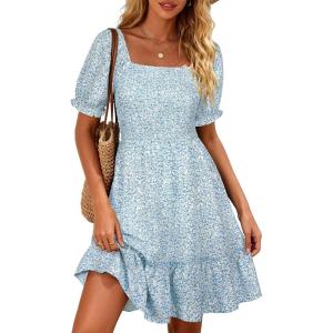 image:imageBerydress Womens Summer Smocked Sun Dress with Pockets 2026 Square Neck Short Sleeve Ruffle Boho Beach Vacation DressesBlue Floral
