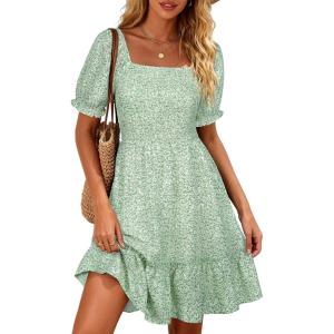 image:imageBerydress Womens Summer Smocked Sun Dress with Pockets 2026 Square Neck Short Sleeve Ruffle Boho Beach Vacation DressesGreen Floral