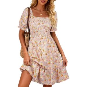 image:imageBerydress Womens Summer Smocked Sun Dress with Pockets 2026 Square Neck Short Sleeve Ruffle Boho Beach Vacation DressesPink Floral