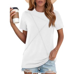 image:imageWomens Tops Casual Basic Short Sleeve T Shirts Business Summer Outfits Trendy Round Neck Pleated BlousesA White