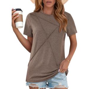 image:imageWomens Tops Casual Basic Short Sleeve T Shirts Business Summer Outfits Trendy Round Neck Pleated BlousesCoffee Grey