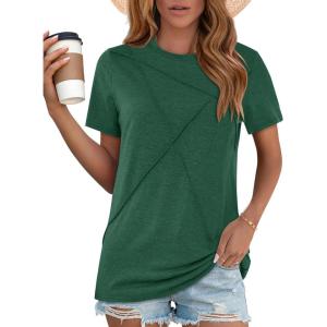 image:imageWomens Tops Casual Basic Short Sleeve T Shirts Business Summer Outfits Trendy Round Neck Pleated BlousesDark Green