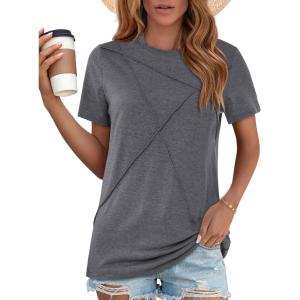 image:imageWomens Tops Casual Basic Short Sleeve T Shirts Business Summer Outfits Trendy Round Neck Pleated BlousesGrey