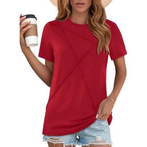 image:imageWomens Tops Casual Basic Short Sleeve T Shirts Business Summer Outfits Trendy Round Neck Pleated BlousesRed