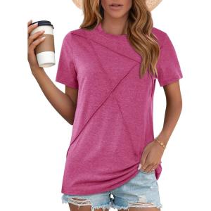 image:imageWomens Tops Casual Basic Short Sleeve T Shirts Business Summer Outfits Trendy Round Neck Pleated BlousesRose Red