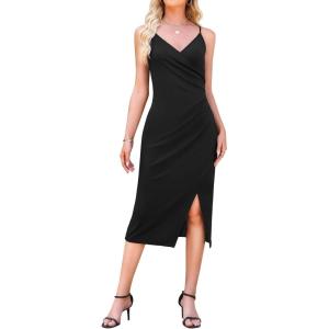 image:imageWEACZZY Cocktail Dresses for Women V Neck Spaghetti Straps Bodycon Dress Party Midi DressBlack