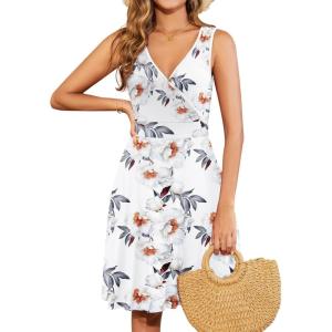 image:imageWEACZZY Summer Womens Dresses V Neck Wrap Sundress Sleeveless Flowy Tank Dress for Beach Holiday with PocketsGray Leaved Peony