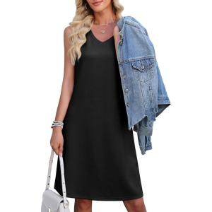 image:imageWEACZZY Women Summer V Neck Sleeveless Dress Casual Loose Vacation Sundress Elegant with Split Beach Dresses 202601 Black