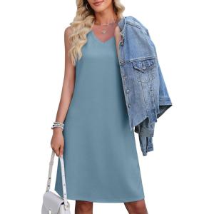 image:imageWEACZZY Women Summer V Neck Sleeveless Dress Casual Loose Vacation Sundress Elegant with Split Beach Dresses 2026Denim Blue