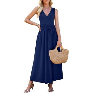image:imageWEACZZY Womens Maxi Dress Sleeveless V Neck Sundress Cocktail Long Dresses with Pockets02navy Blue