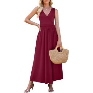 image:imageWEACZZY Womens Maxi Dress Sleeveless V Neck Sundress Cocktail Long Dresses with Pockets03wine Red