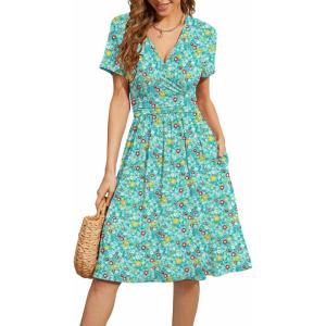image:imageWEACZZY Womens Summer Short Sleeve Casual Dresses VNeck Floral Party Dress with PocketsYh Blue Floral