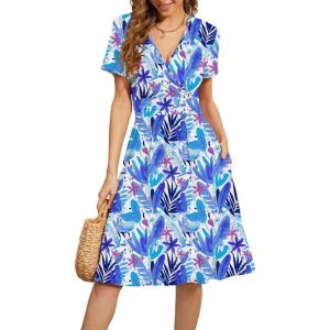 image:imageWEACZZY Womens Summer Short Sleeve Casual Dresses VNeck Floral Party Dress with PocketsYh Blue Rainforest
