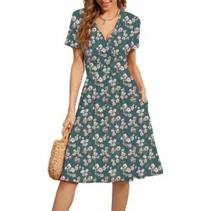 image:imageWEACZZY Womens Summer Short Sleeve Casual Dresses VNeck Floral Party Dress with PocketsYh Green Gladiolus