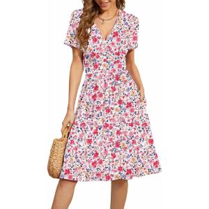 image:imageWEACZZY Womens Summer Short Sleeve Casual Dresses VNeck Floral Party Dress with PocketsYh Magenta Floral