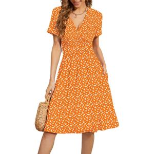 image:imageWEACZZY Womens Summer Short Sleeve Casual Dresses VNeck Floral Party Dress with PocketsYh Orange Daisy